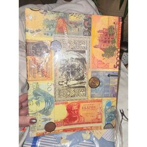 Unique Collage Travel Souvenir Photo Album Scrapbook Mixed Media World Currency
